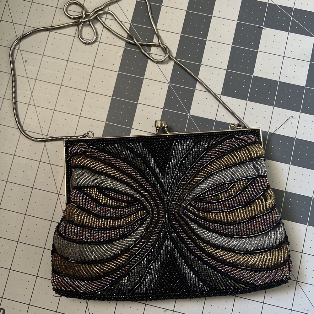 Vintage La Regale Beaded Black Crossbody Bag Evening Purse Chain Strap Handmade - Picture 6 of 8